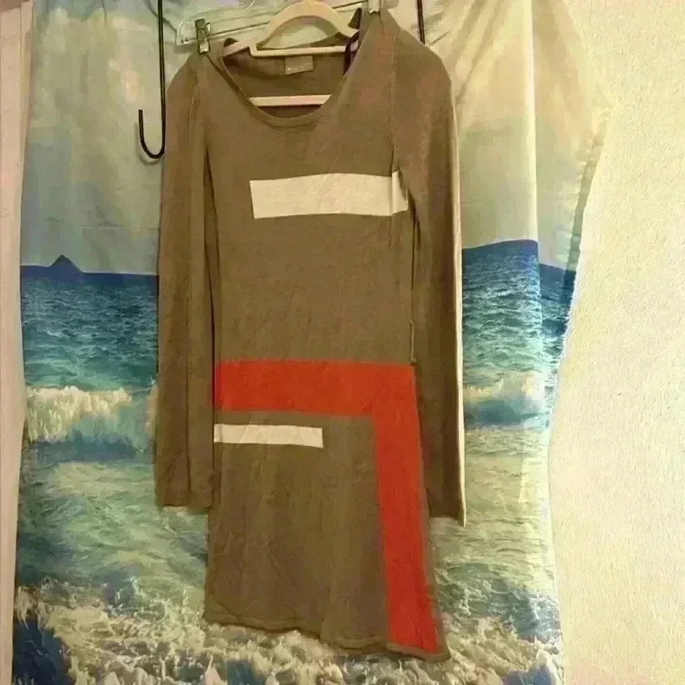 Evolution by Cyrus Geometric Tan Orange and White Knee Length Dress